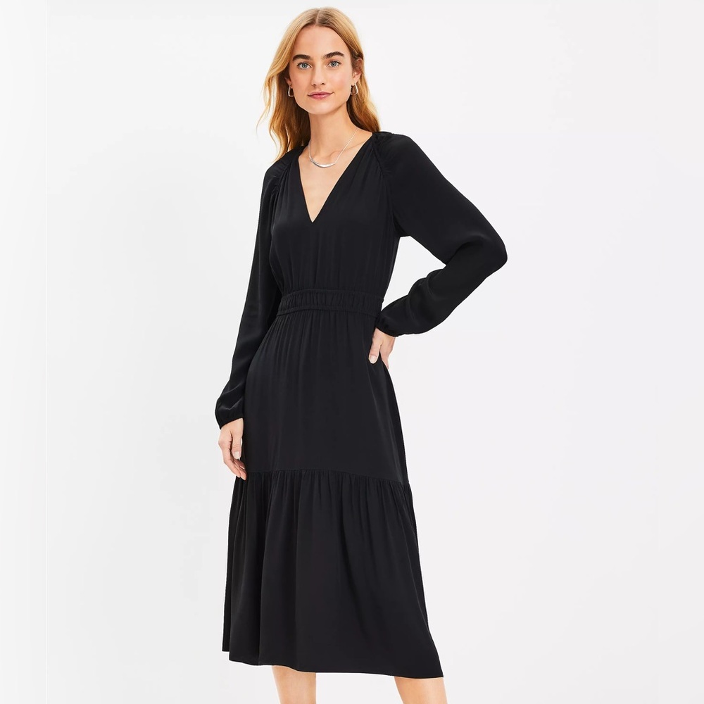 LOFT Black Ruffled Tiered Long Sleeve Dress
